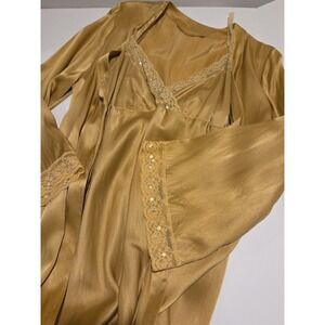 100% Silk Long Nightgown Robe Lingerie Peignoir Set Gold Vtg Valerie Stevens